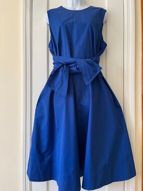 Hobbs Twitchill Tie Waist Midi Dress Fit Flare Women's 14 Blue Pockets Party